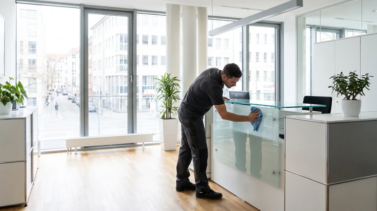 Symbolbild: Reinigungskraft wischt einen Glas-Empfangstresen in einem hellen Büro