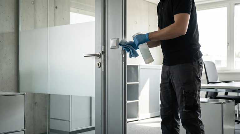 Symbolbild: Desinfektion eines Türgriffs und Lichtschalters mit Handschuhen und Sprühflasche