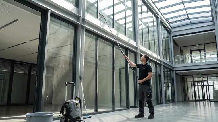Symbolbild: Reinigung einer hohen Glasfront mit Teleskopstange in einem Atrium