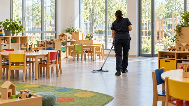 Symbolbild: Reinigungskraft wischt den Boden in einem hellen Kindergarten-Gruppenraum